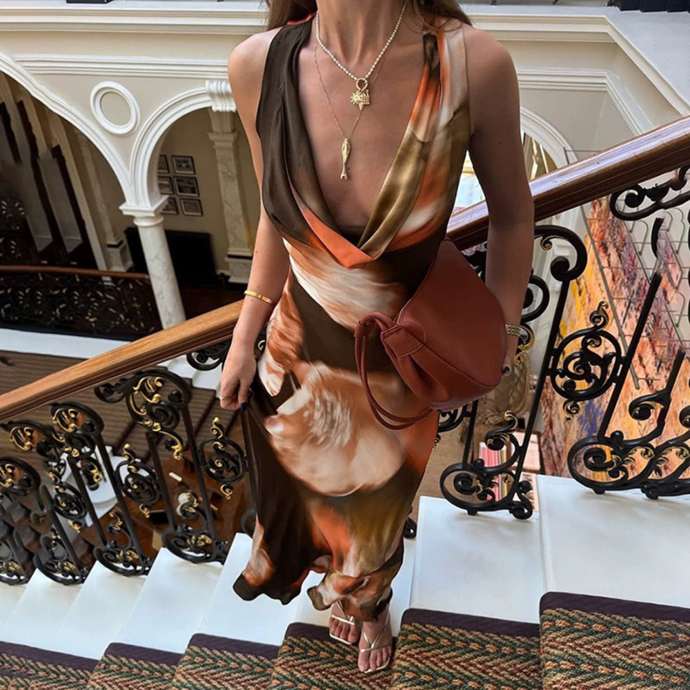 Zara Summer Vintage Draped Neck Contrast Print High Waist Long Dress